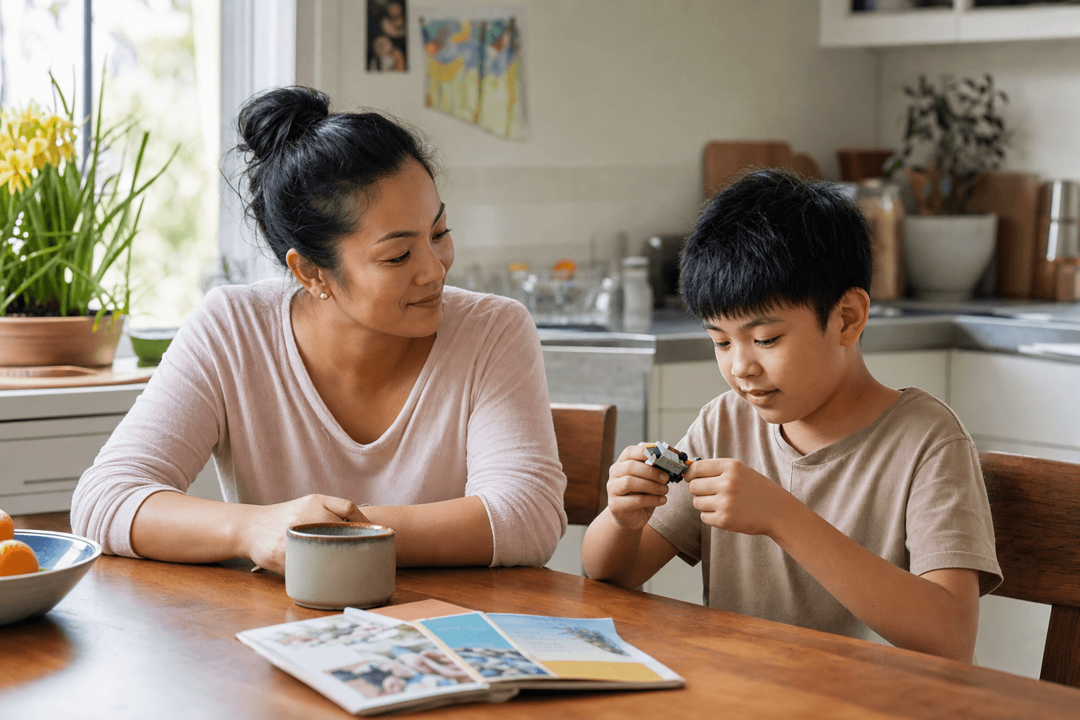 A Vietnamese-Australian parent shares a quiet moment with their child at a kitchen table