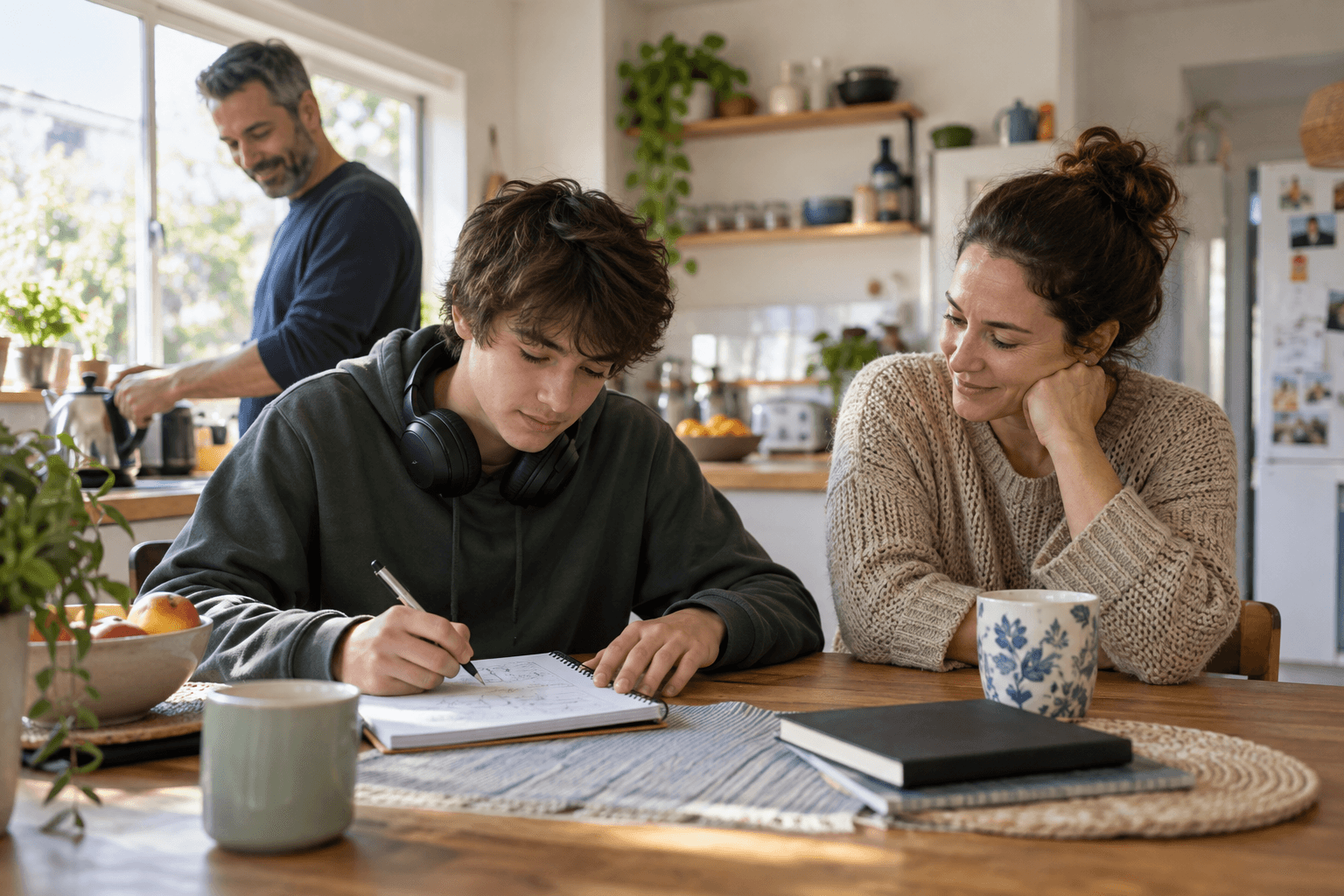 A teenager writes in a notebook while two family members share a quiet moment in a kitchen