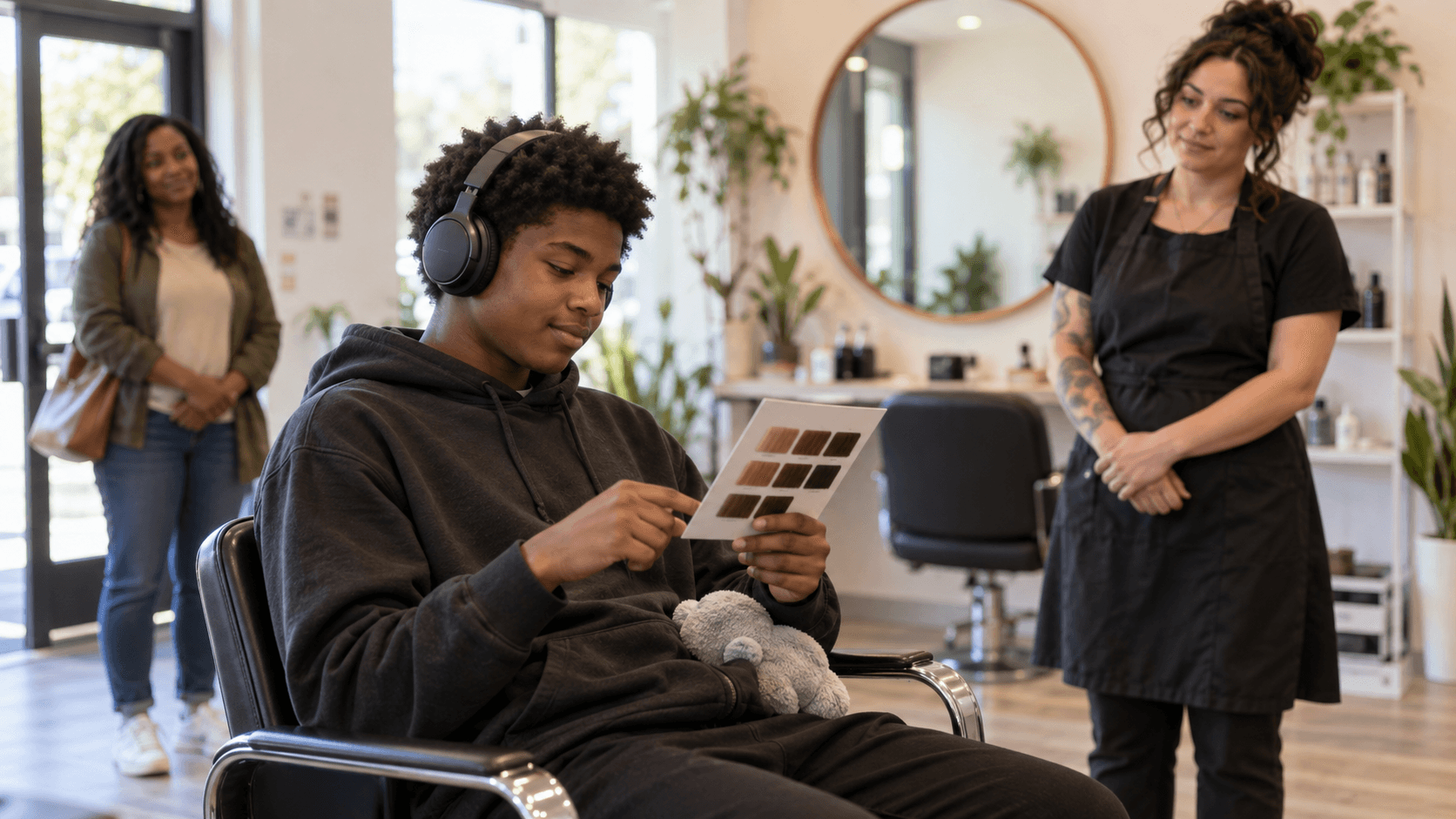 A teenager wearing headphones chooses a hair colour card in a quiet salon while a hairdresser waits nearby