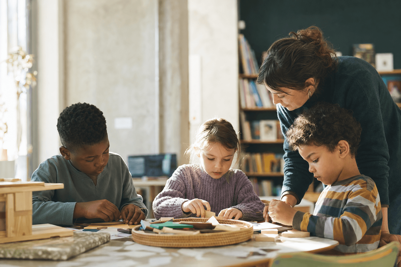 Three children share a calm activity with an adult in a sunlit library