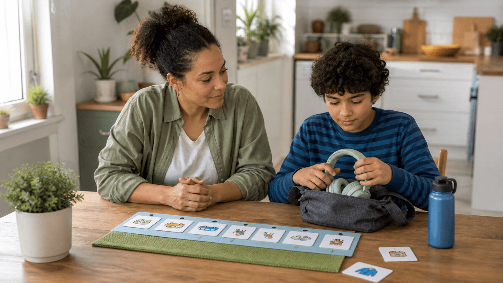 A child chooses headphones from a small bag while a parent listens at a kitchen table with a simple appointment plan