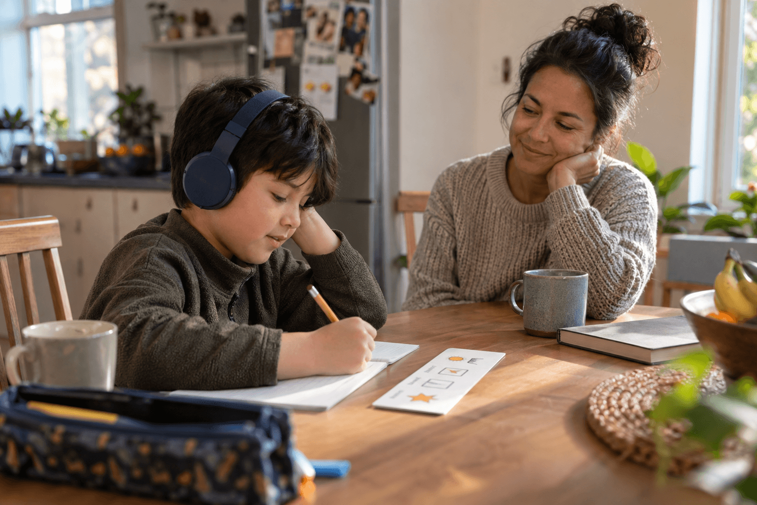 A child wearing headphones works on a small piece of homework at a kitchen table while a parent sits nearby