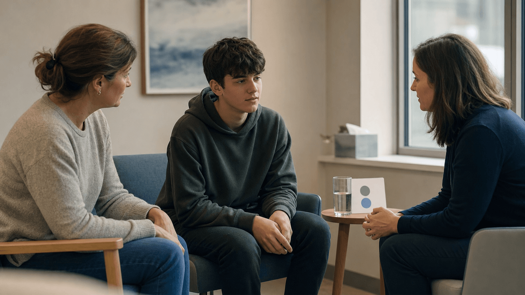 A young person and a parent speak with a clinician in a quiet hospital room