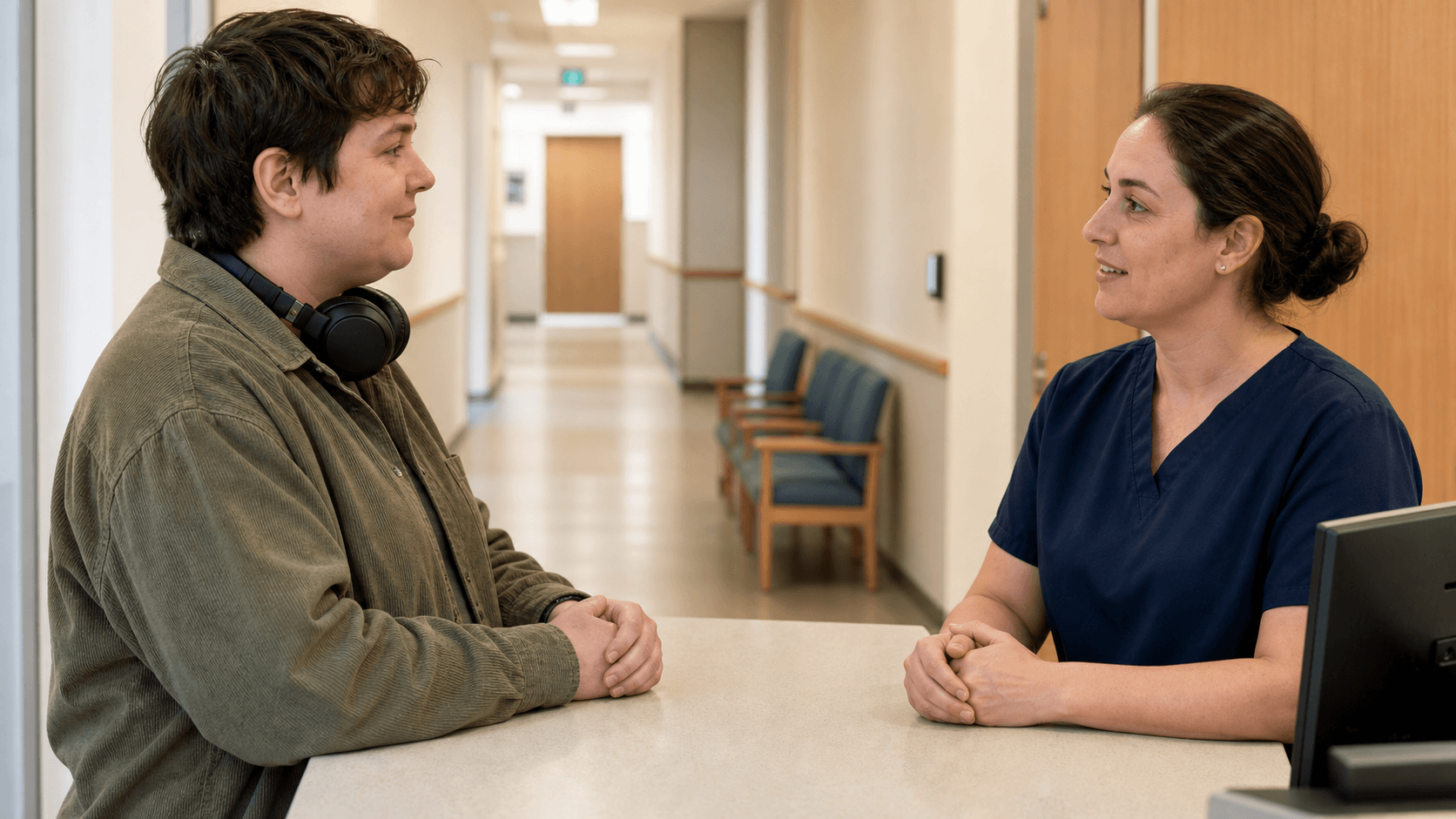 An autistic adult and a radiology staff member talk before an appointment