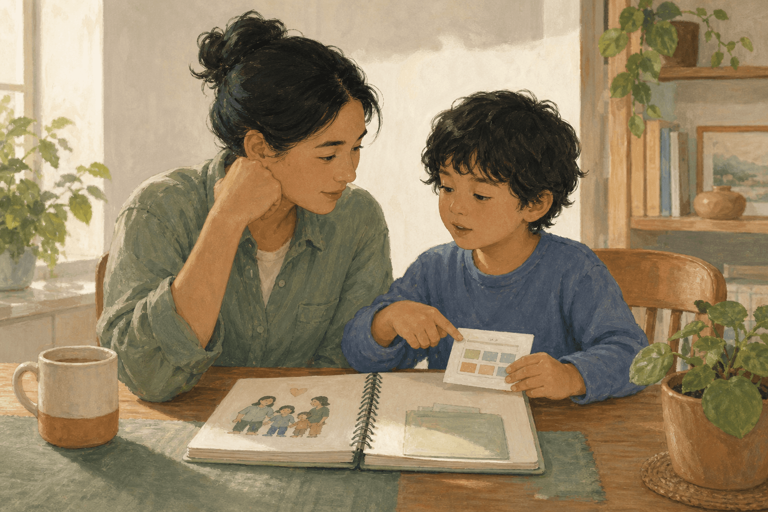 A child leads a calm conversation with a parent around a family health notebook
