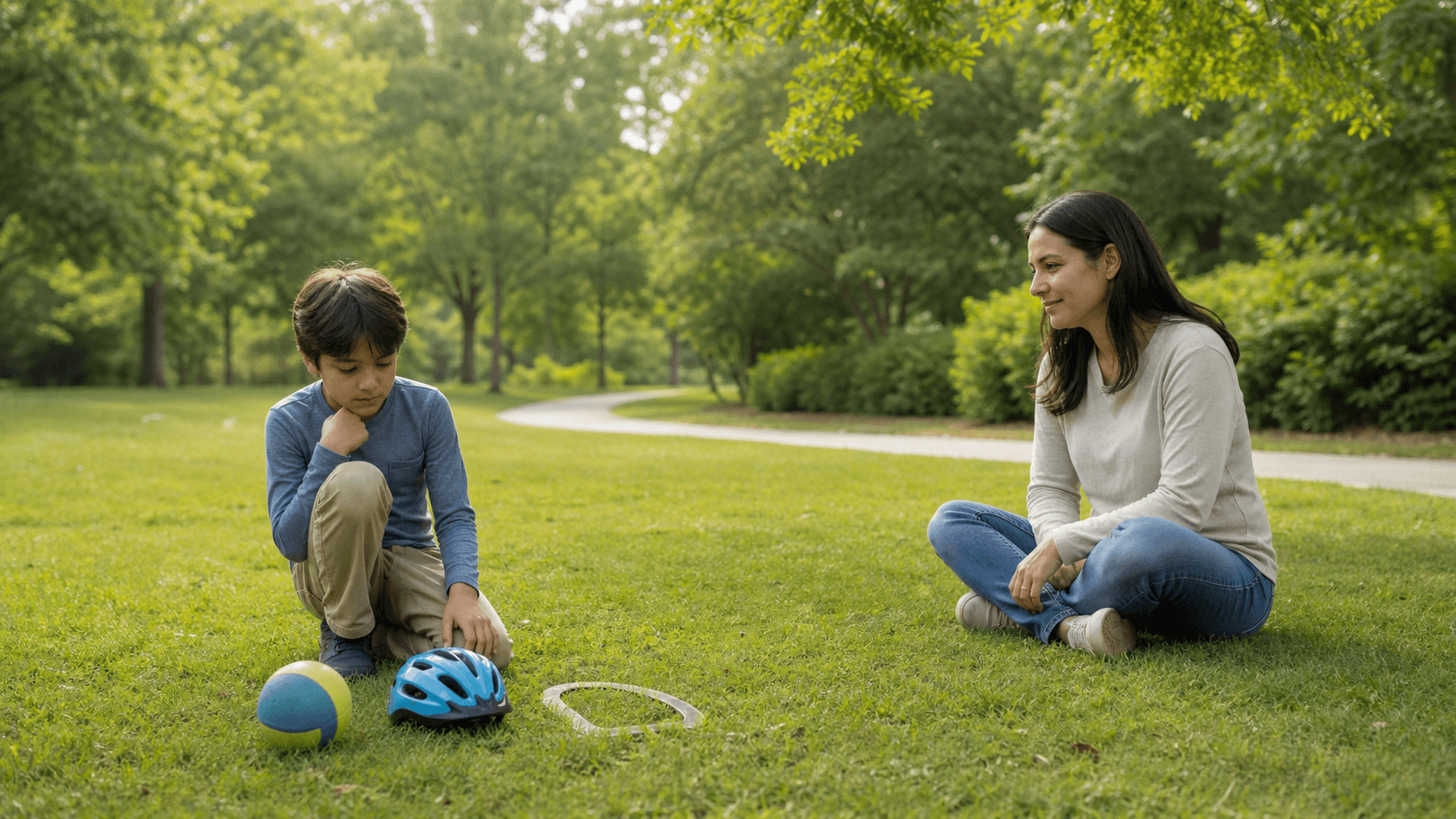 An autistic child chooses a gentle movement activity outdoors with a parent nearby
