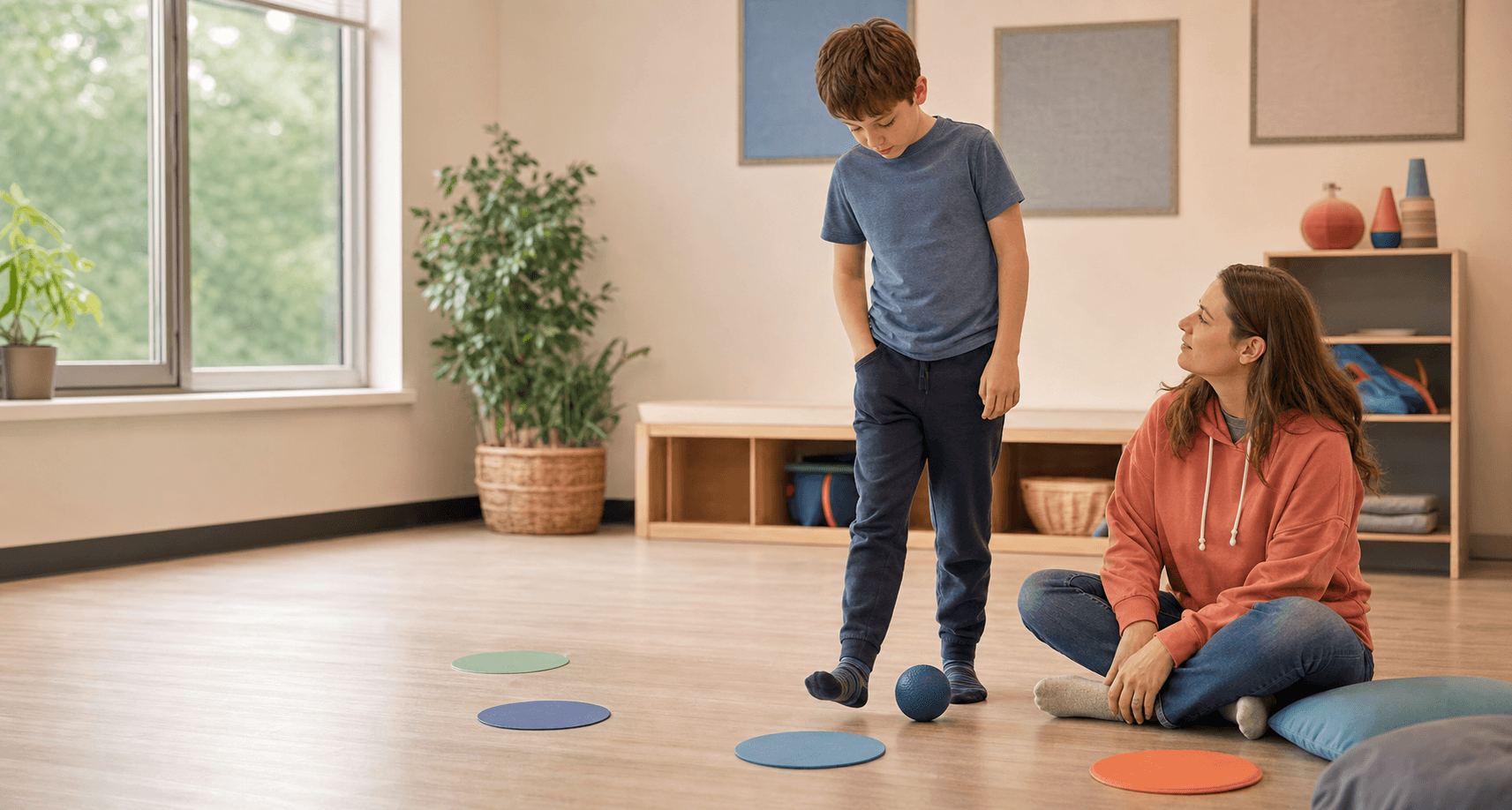 A young person chooses a gentle movement activity with a supportive adult in a quiet room