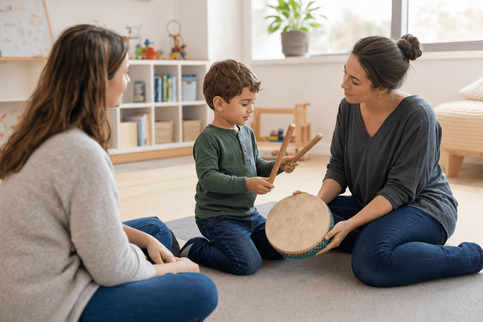 A young child explores rhythm with two supportive adults in a calm room