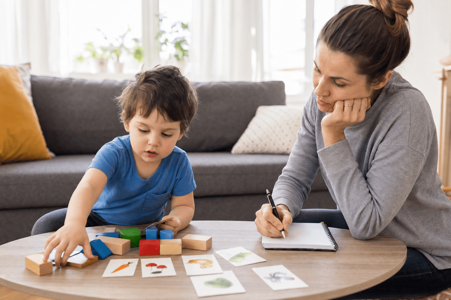 A young autistic child leads play while a parent observes carefully at home
