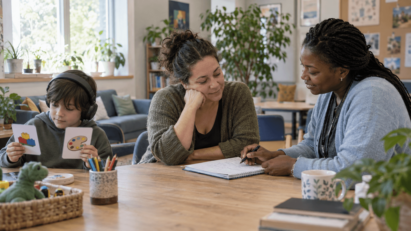 A parent and a support worker look at a simple plan in a calm community room while a child chooses activity cards nearby