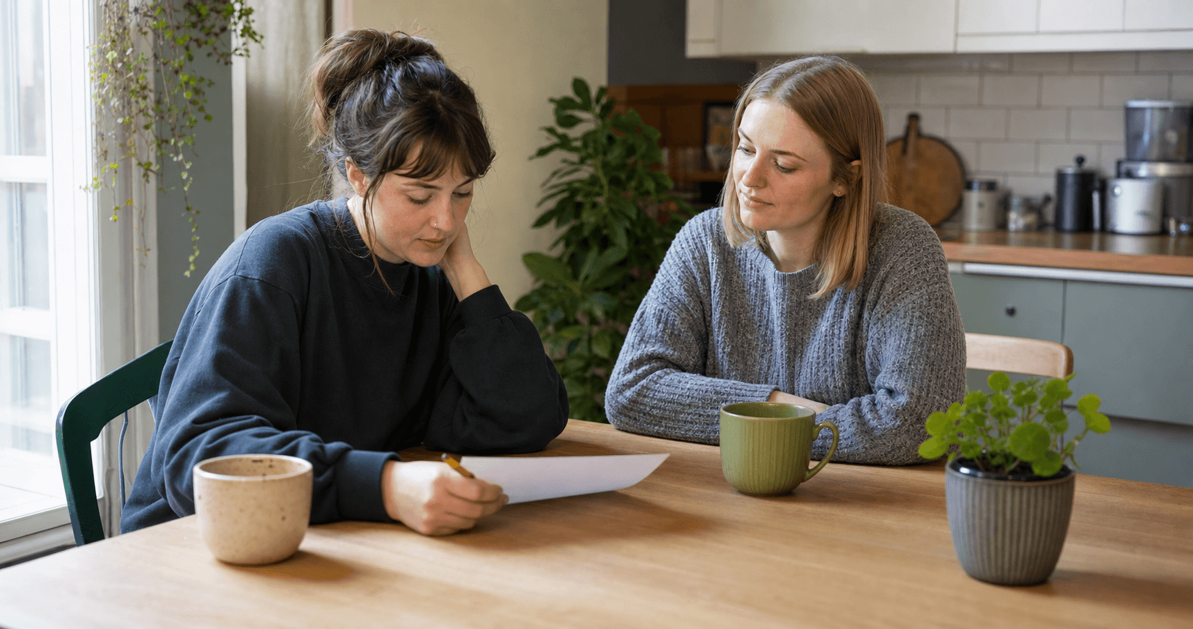 A woman looks at a questionnaire at home while a friend listens nearby