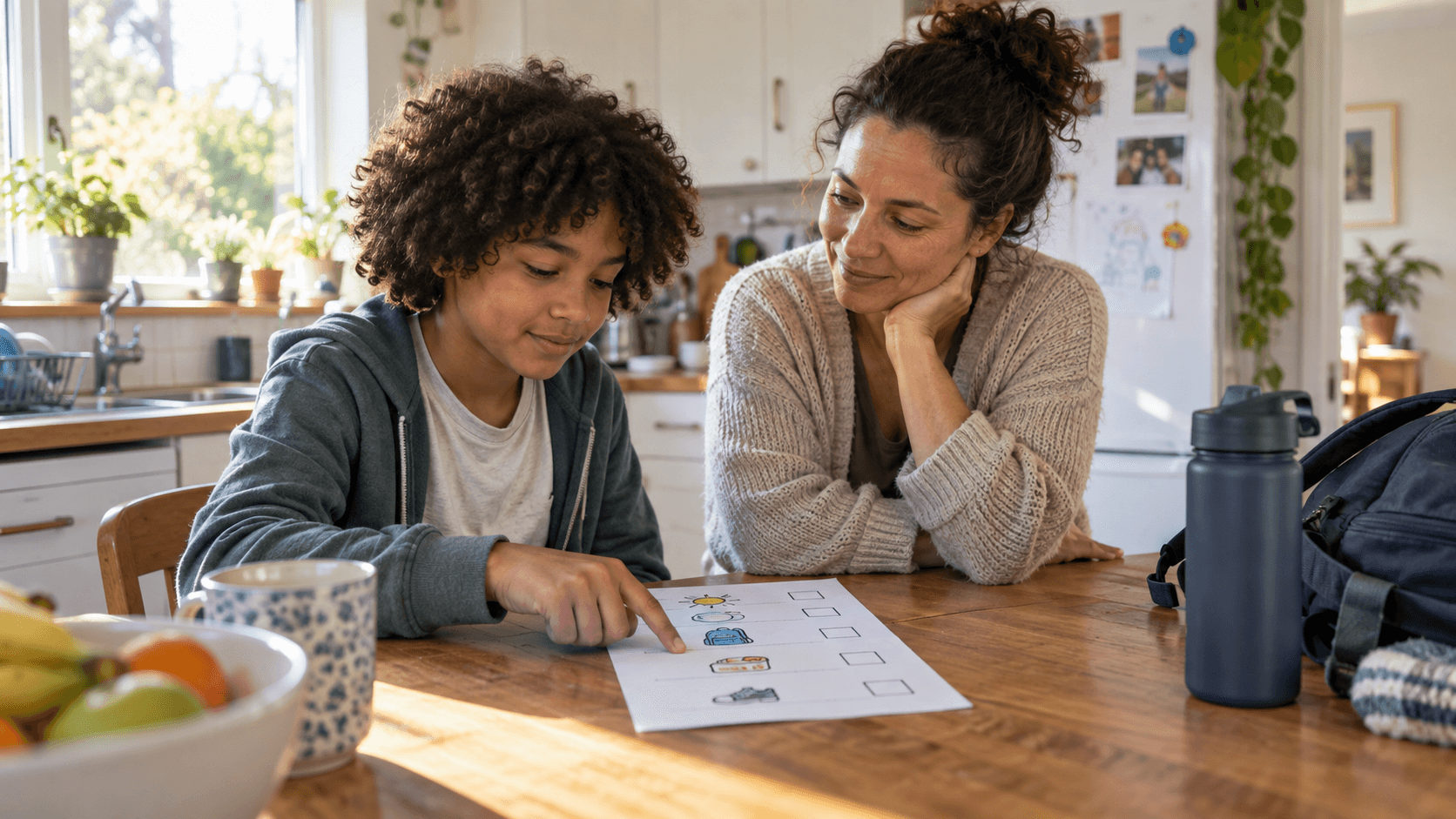 A young person chooses items from a simple visual morning plan at a kitchen table while their parent sits nearby