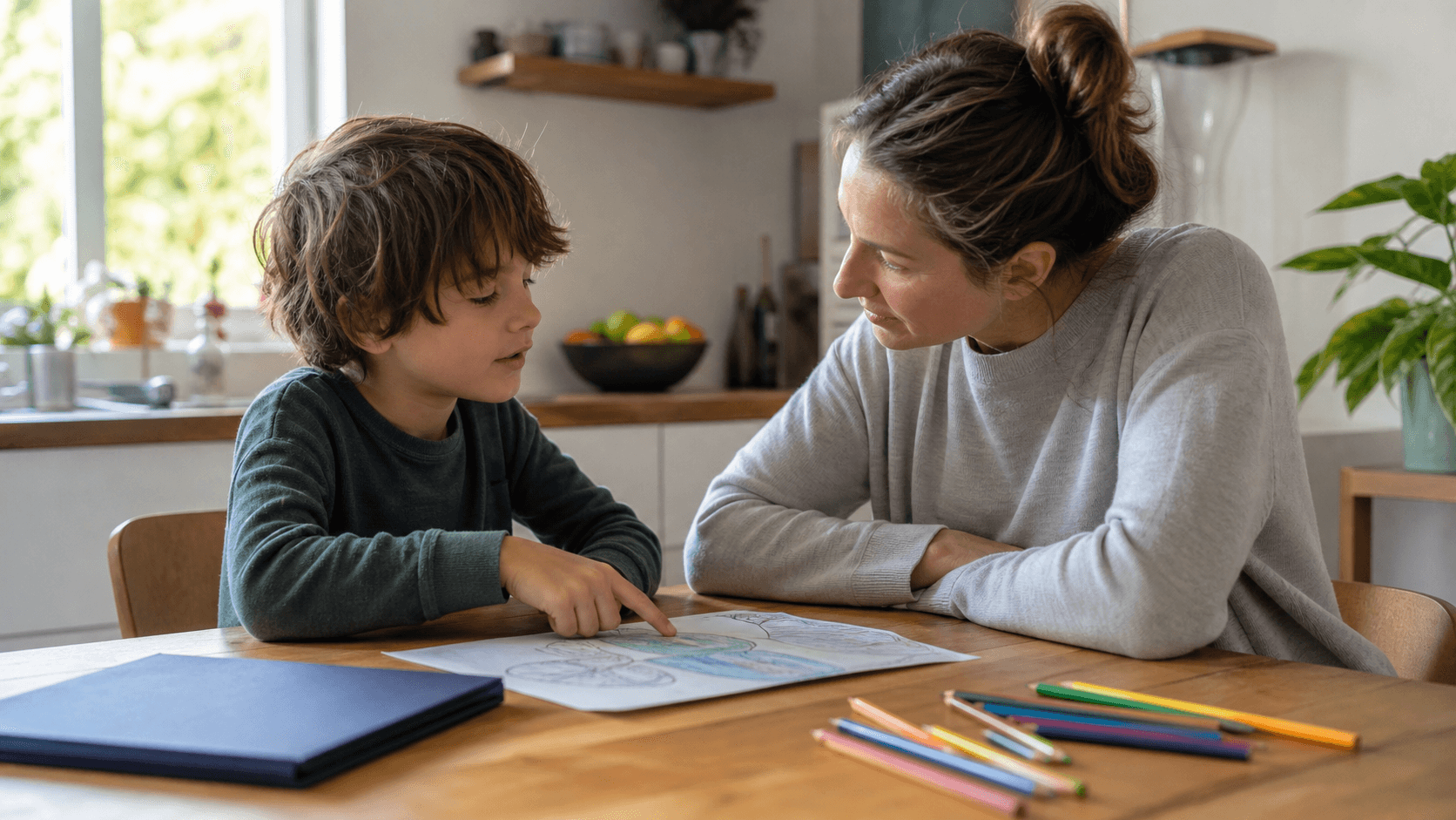A child leads a quiet conversation with a parent around a drawing