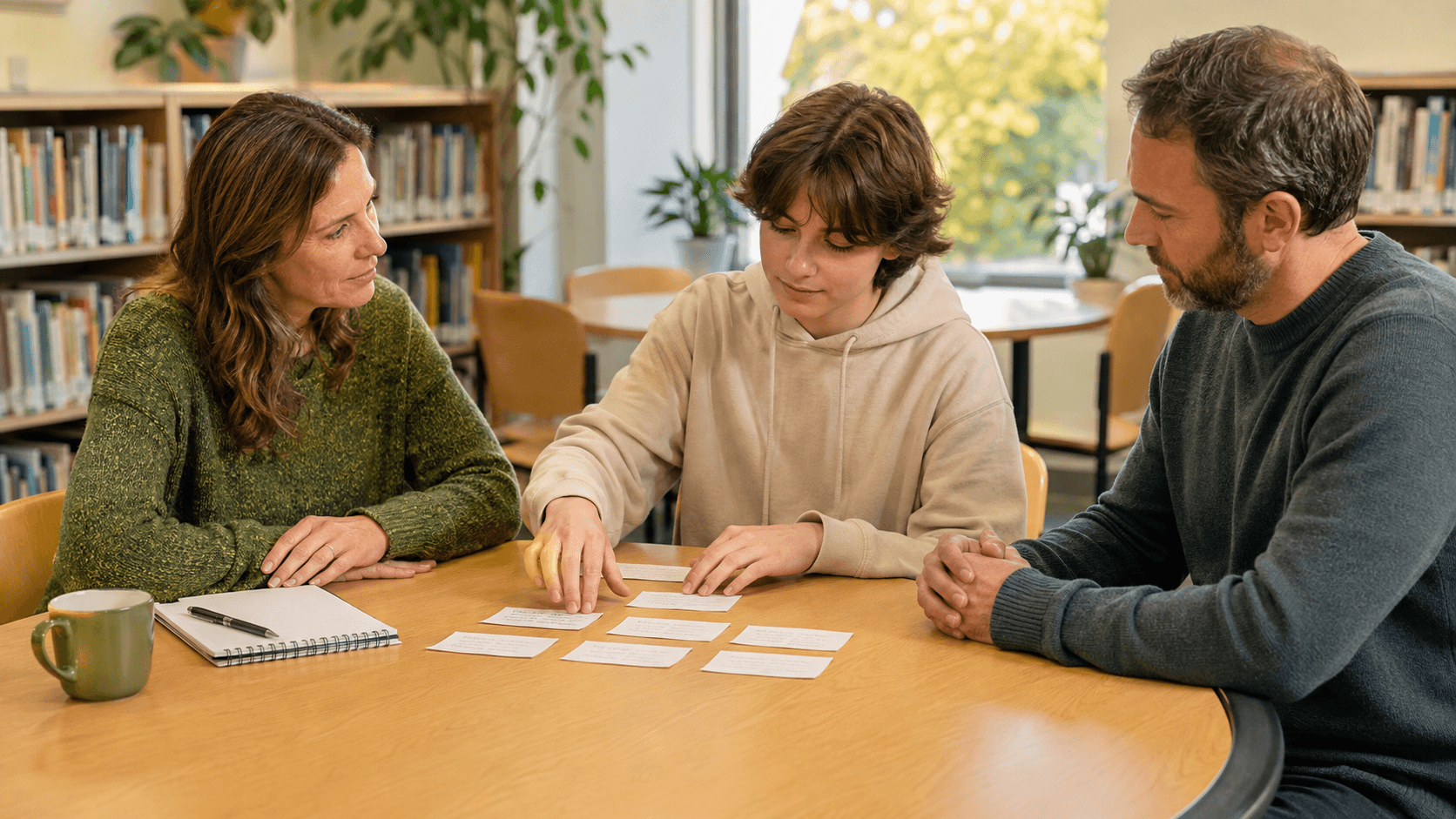 A teenager arranges note cards at a school table while a parent and teacher listen