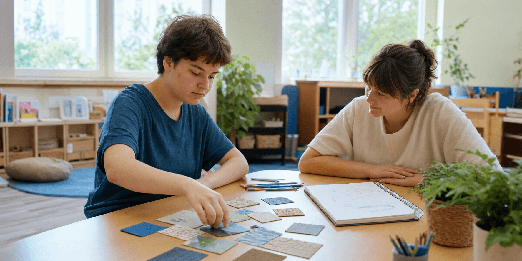 A young person chooses tactile cards at a classroom table while an educator listens nearby