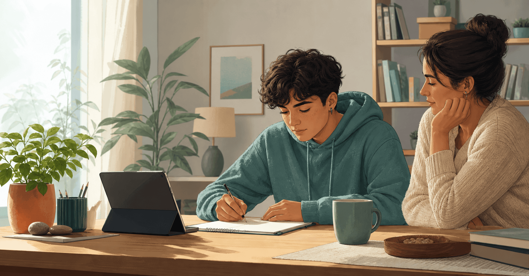 A young person prepares notes for a health appointment while a trusted adult listens nearby
