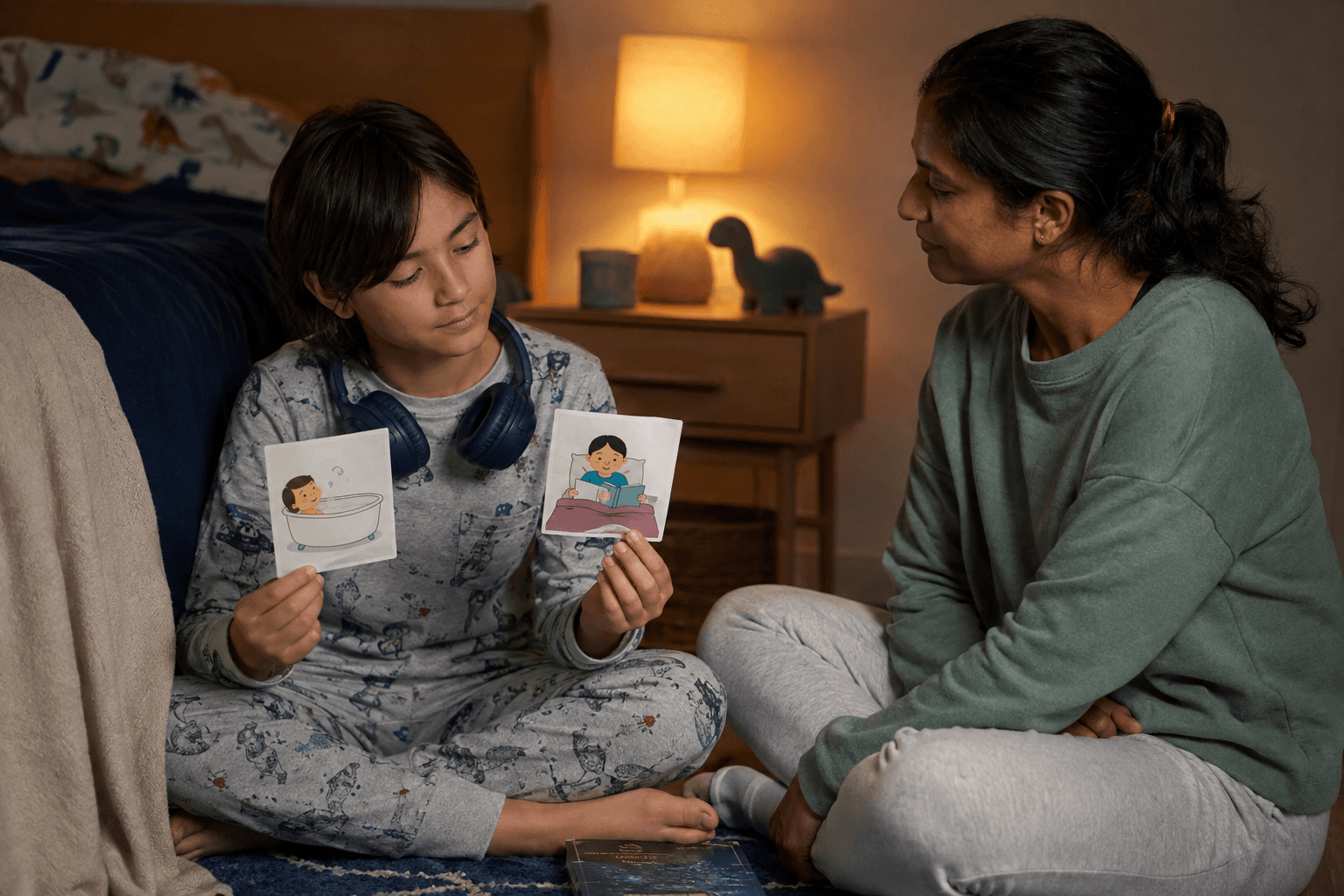 An autistic child chooses between two bedtime picture cards while a parent listens beside them in a softly lit bedroom