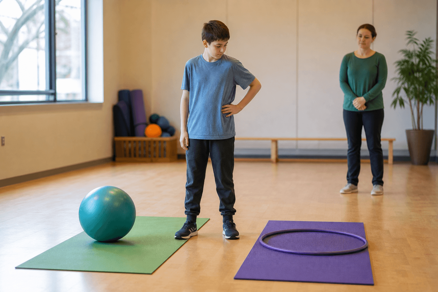 A young person chooses between gentle movement activities in a quiet sports hall