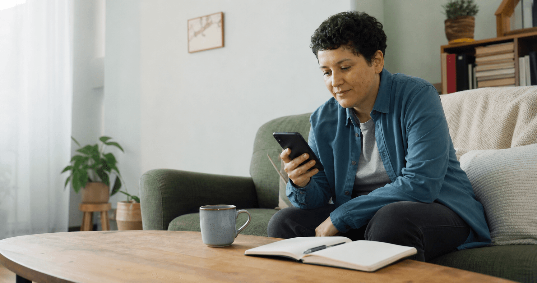 An adult reflects calmly while using a phone beside a notebook at home