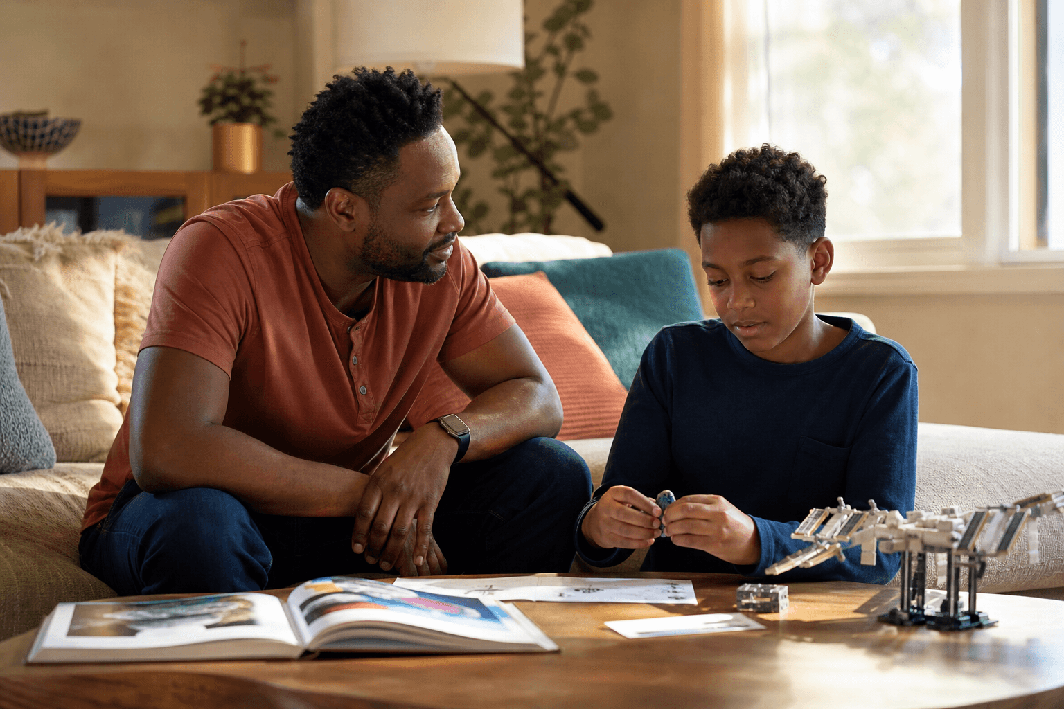 A father listens while his son builds a small model at home