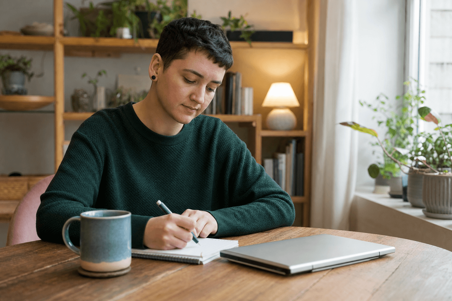 An autistic adult writes notes at home before a telehealth appointment