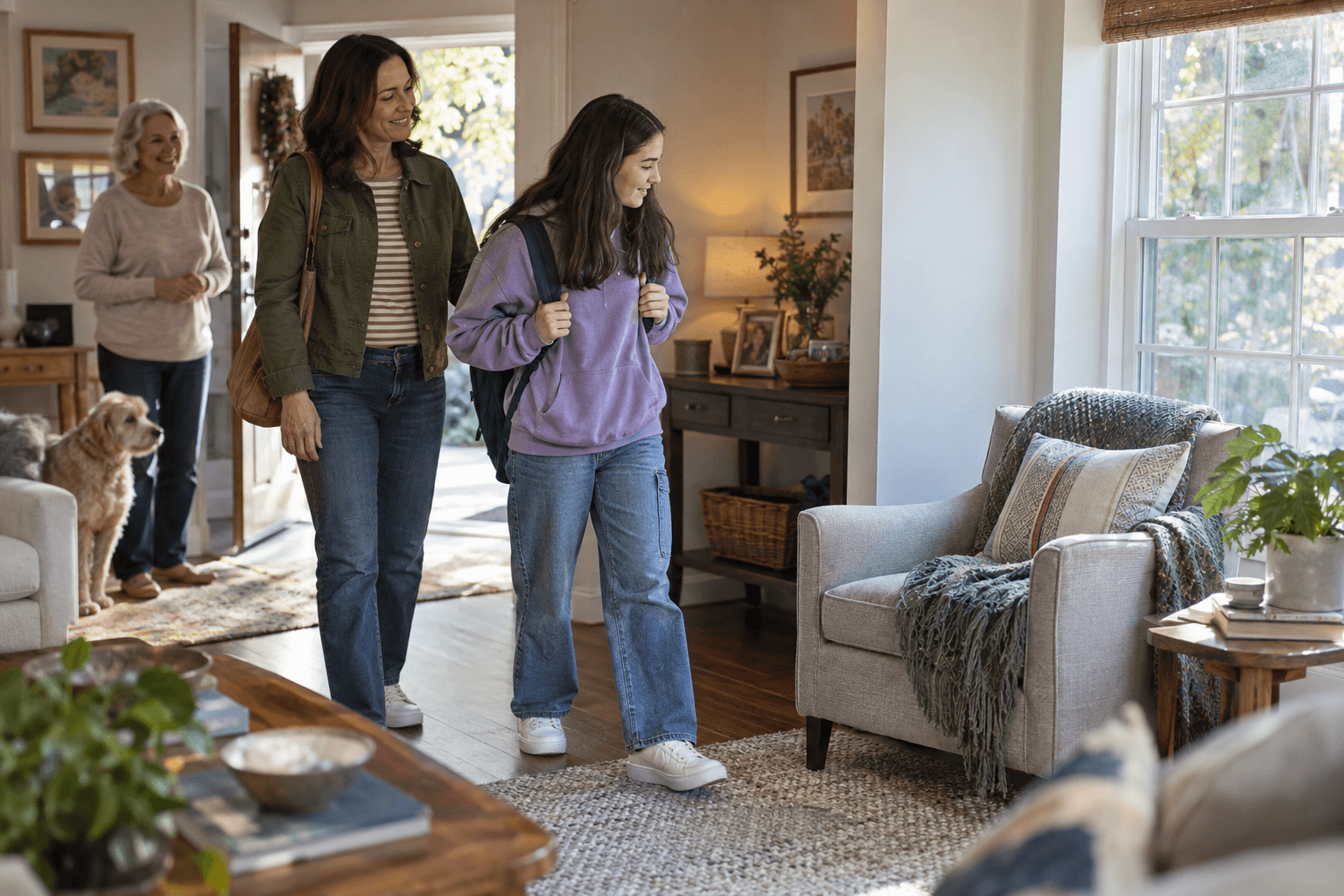 A teenager and parent arrive at a relative's home, with a quiet chair near the window