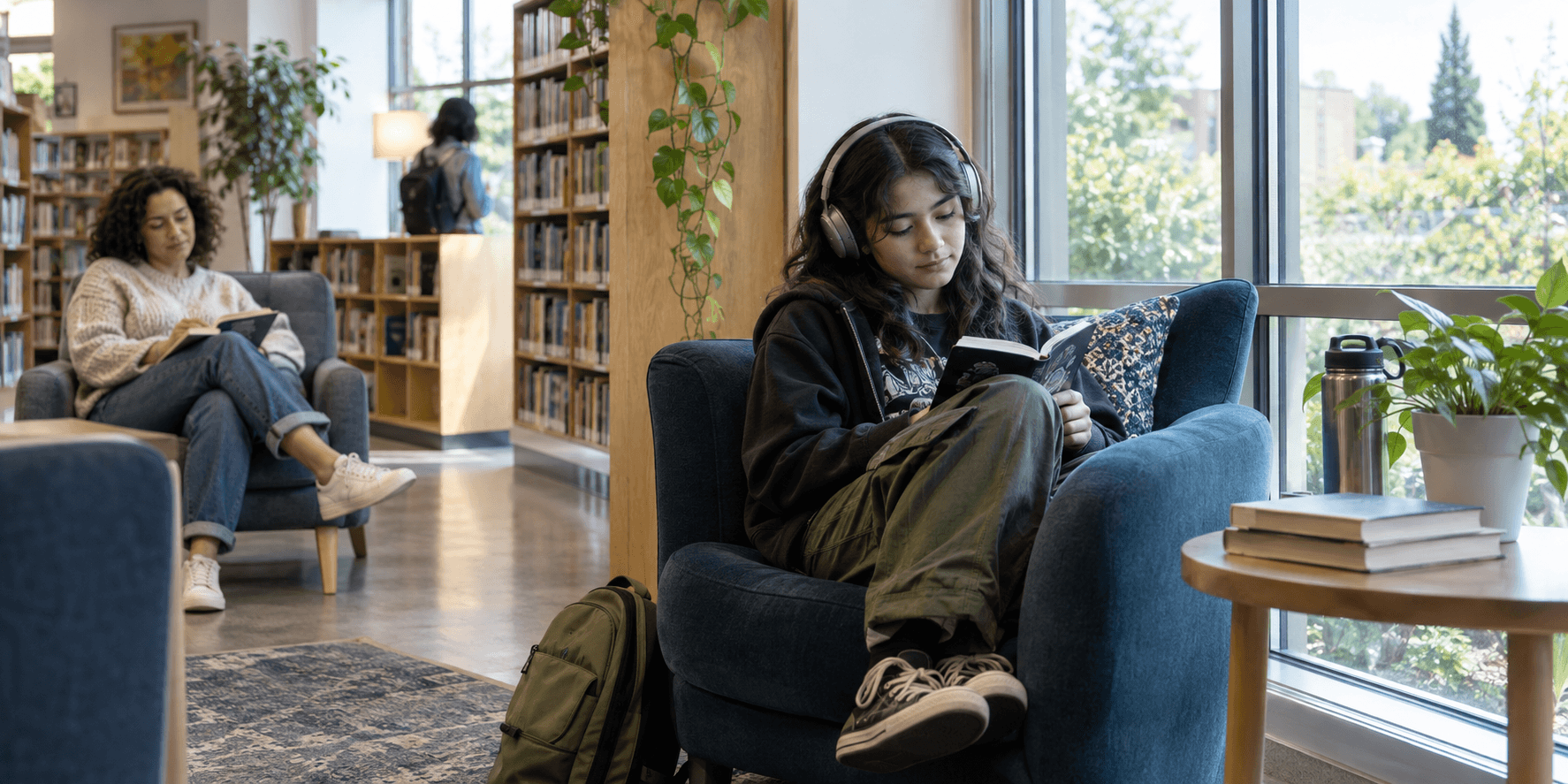 An autistic teenager takes a quiet break with headphones and a notebook in a sunlit library corner while their parent waits nearby