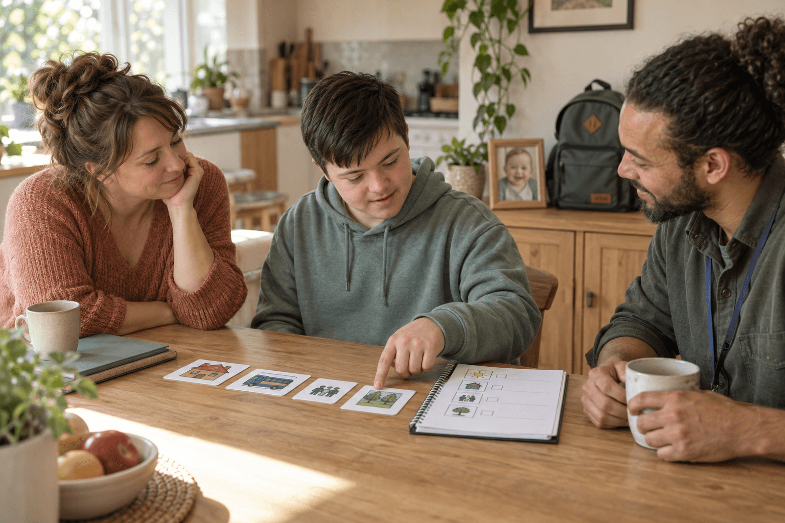 An autistic teenager chooses picture cards and a written plan at a kitchen table while a parent and support worker listen