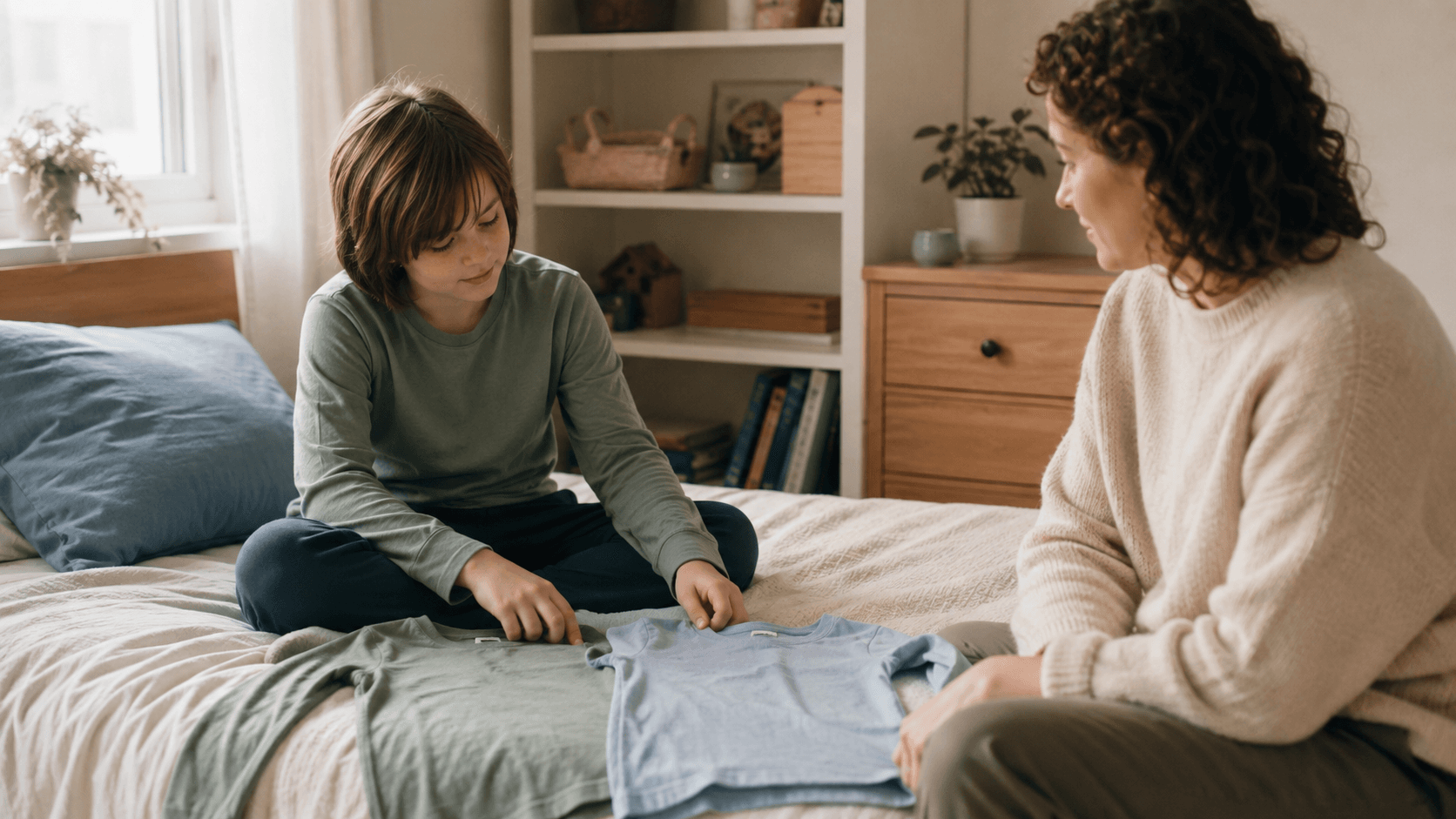 A child chooses between two soft tops on a bed while a parent listens nearby in a calm bedroom