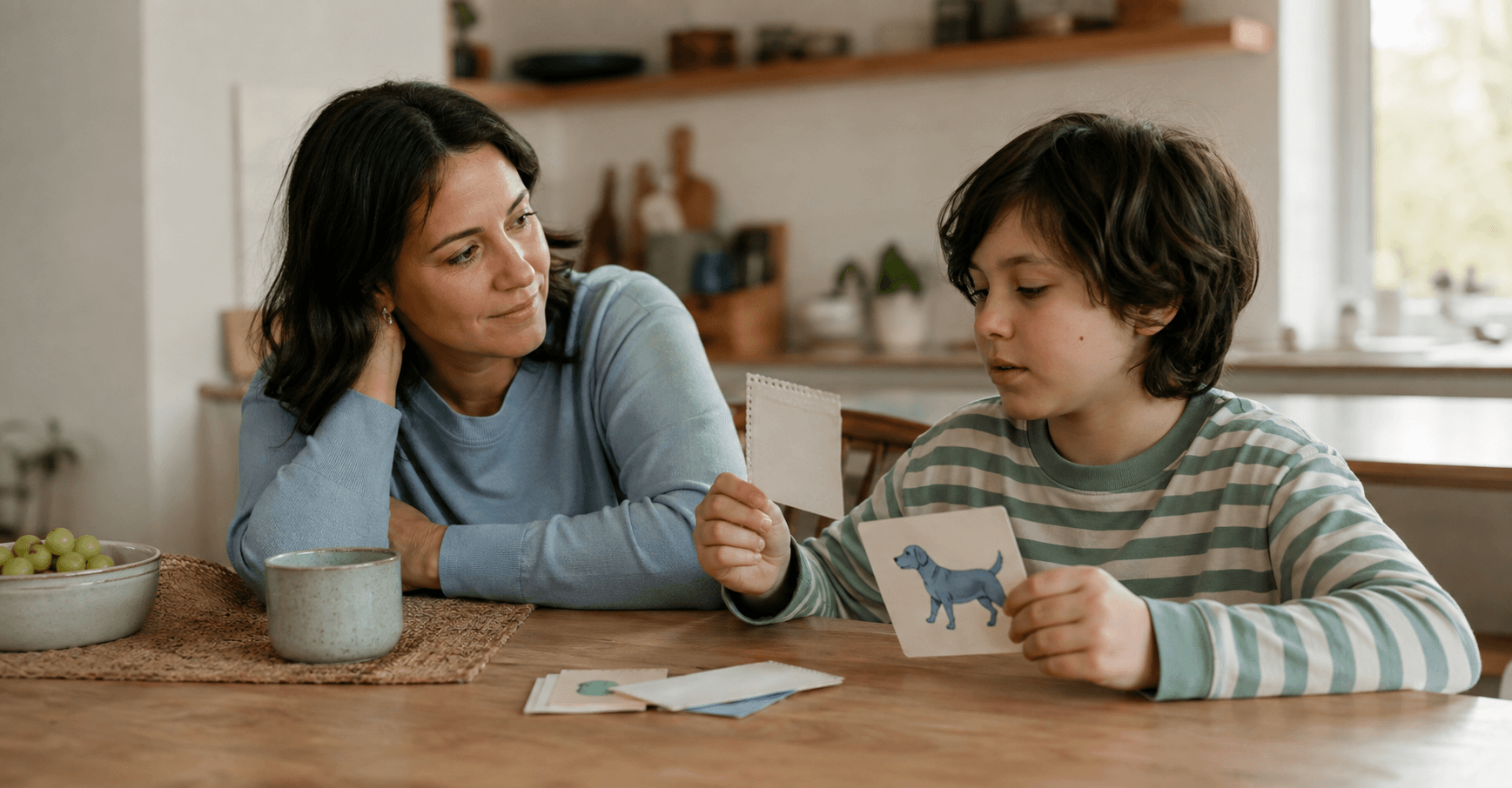 A child chooses picture cards at a kitchen table while a parent listens patiently nearby