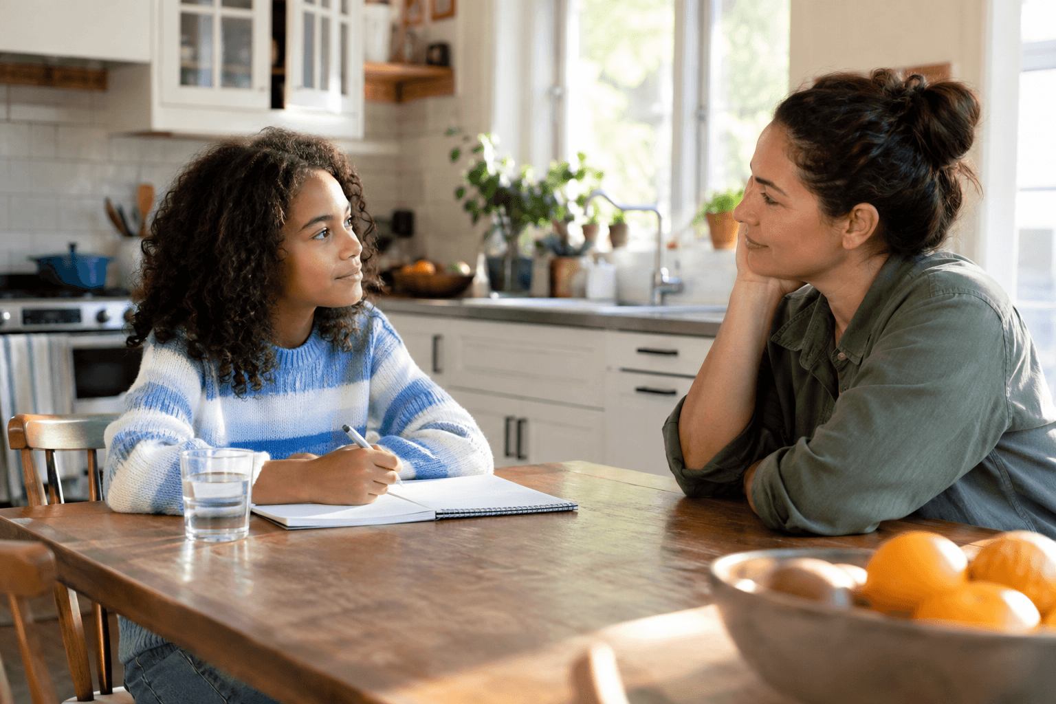 A young person writes in a notebook at a kitchen table while their parent listens with patience