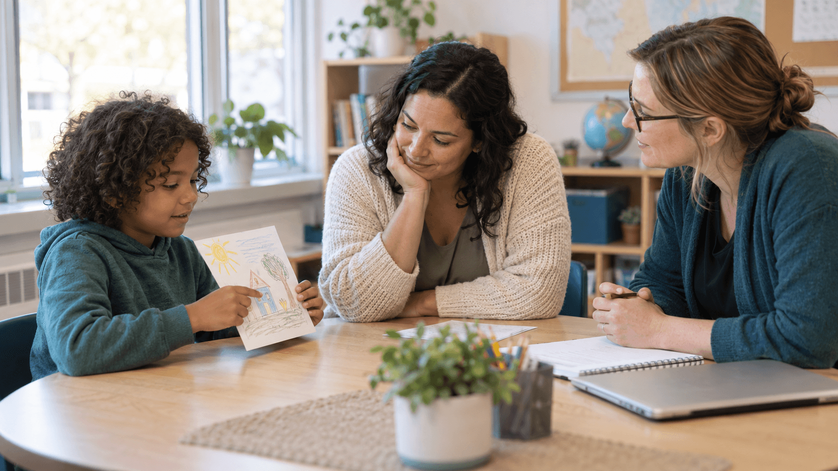 A child shares a drawing at a school table while a parent and teacher listen