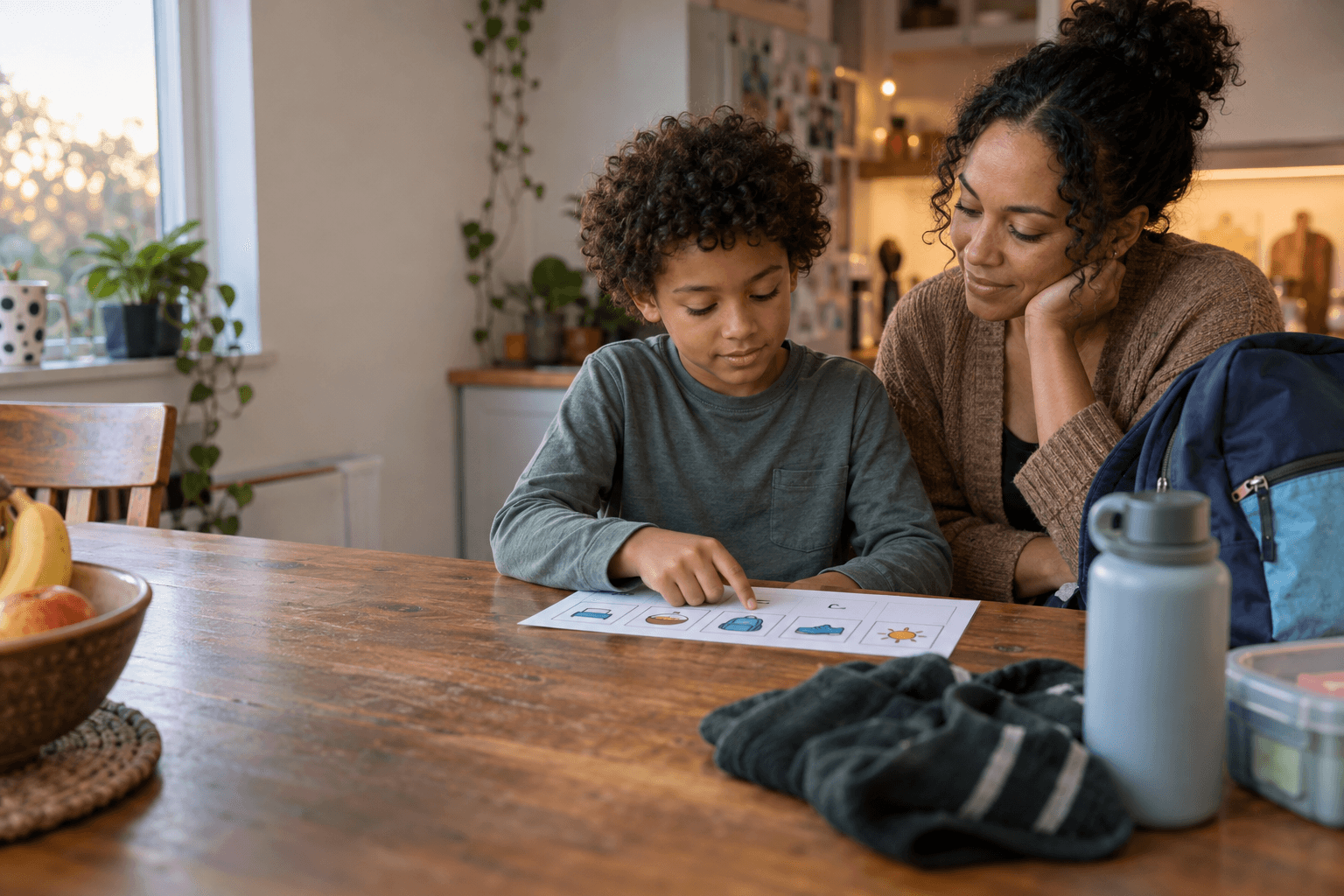 A child and parent look at a simple visual plan together at a kitchen table before a school day