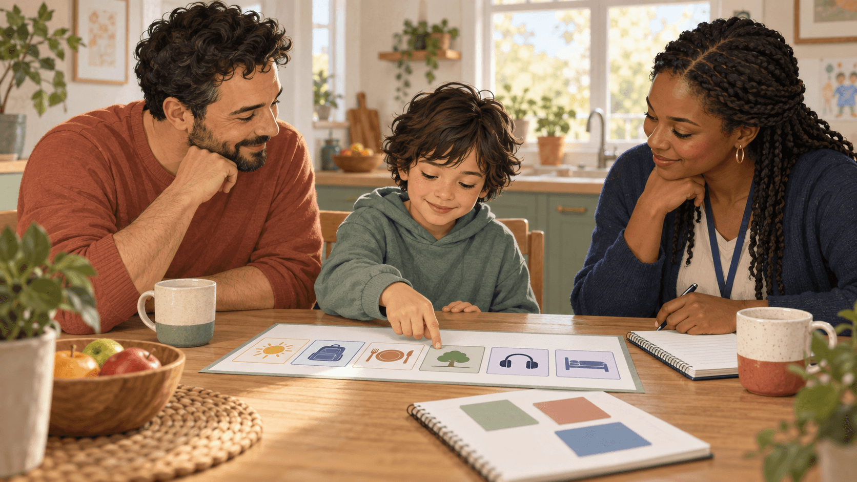 An autistic child points to a choice card at a kitchen table while a parent and support worker listen together