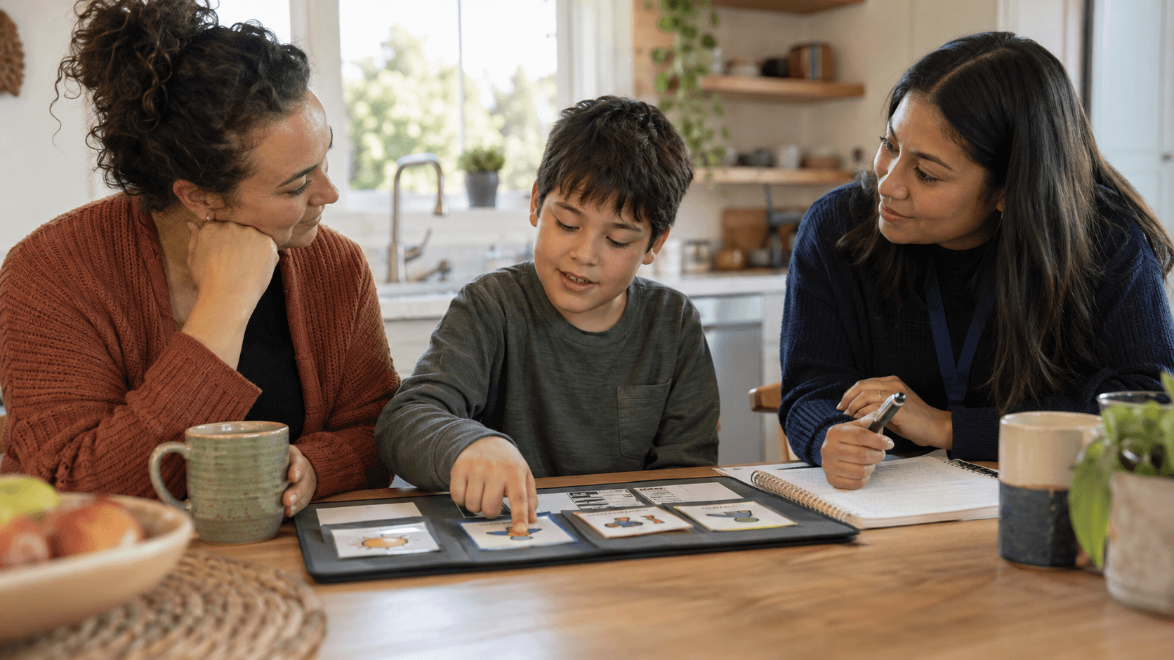 An autistic child points to a choice card at a kitchen table while a parent and support worker listen together