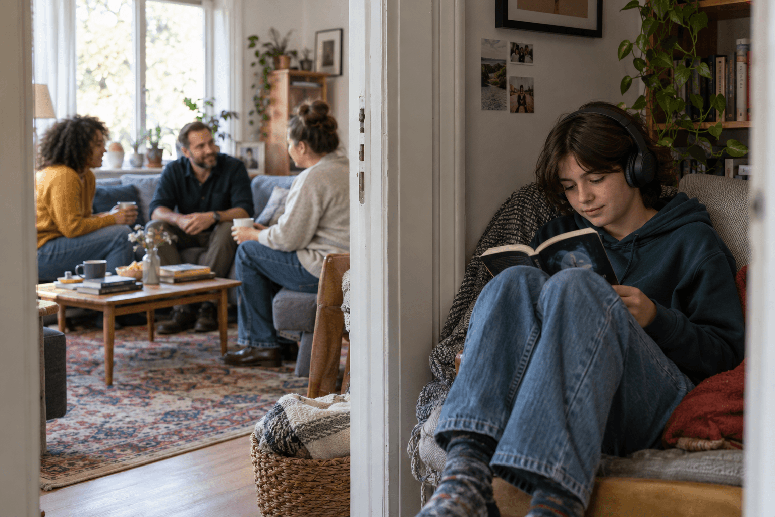 A teenager reads with headphones in a quiet room while adults talk gently in the next room