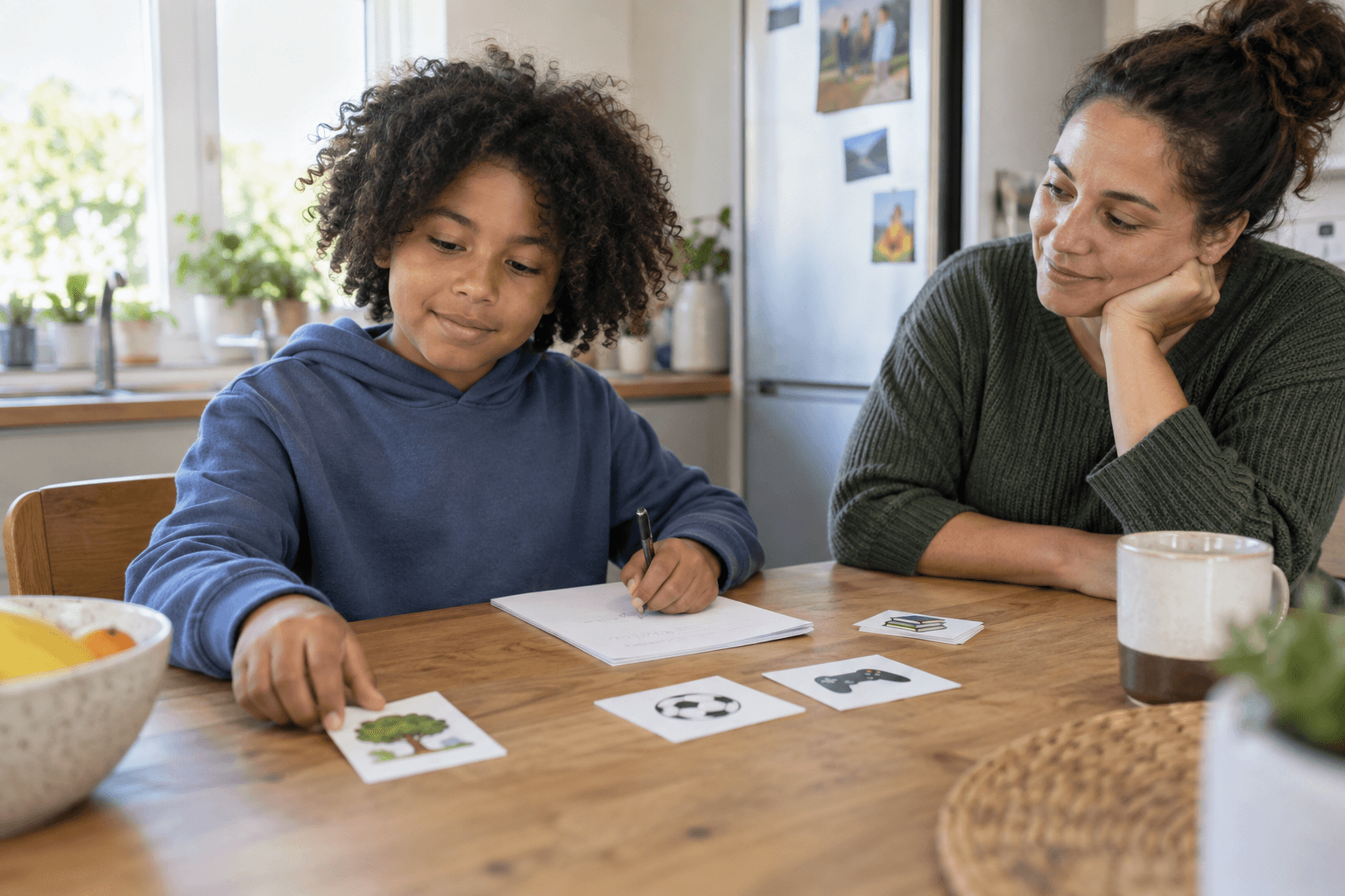 An autistic child chooses picture cards and writes a note at a kitchen table while a parent waits nearby